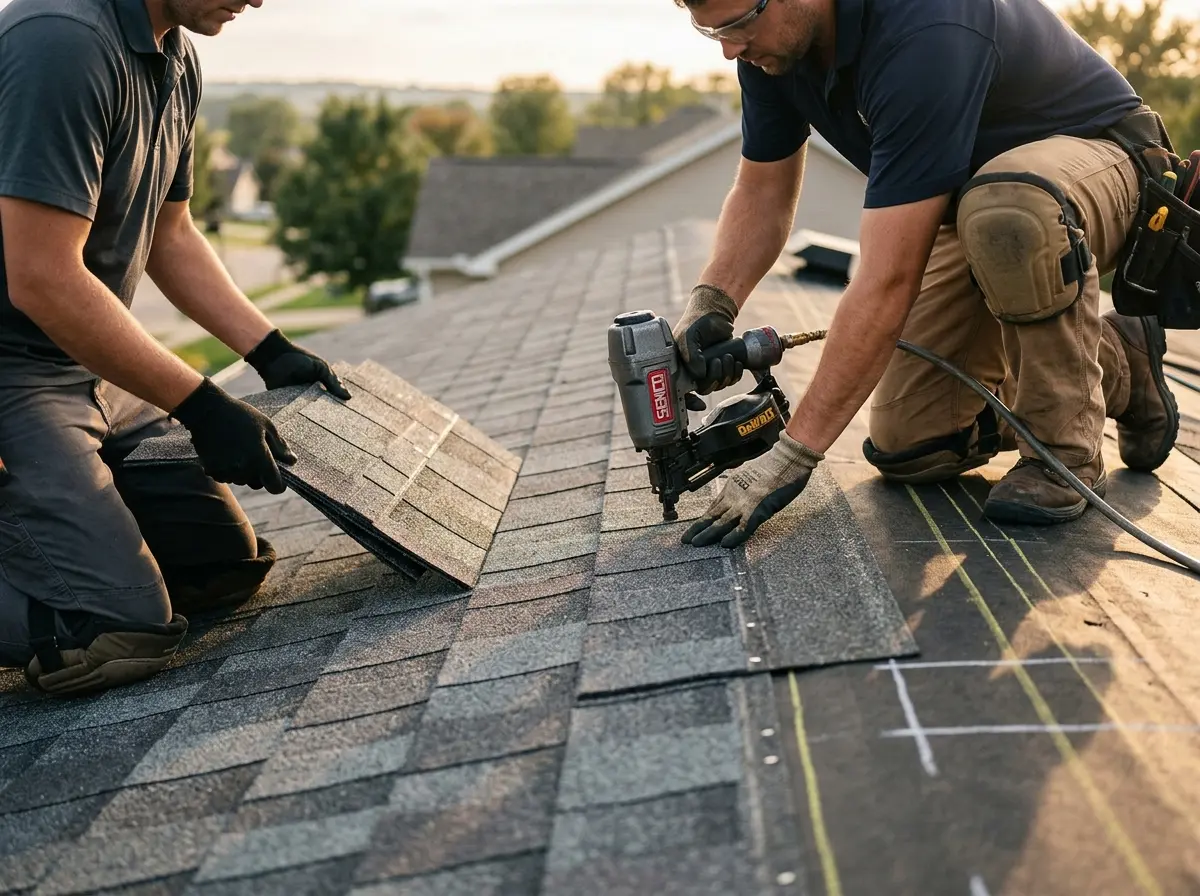 Professional roofer working on a residential roof in Baldwin Park